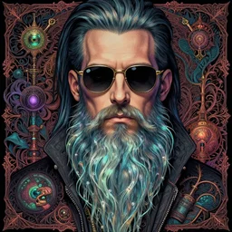 detailed hipster skinny man with sunglasses, long glassy colored beard, dmt, by james gurney + intricate and vibrant work + portrait + trending on artstation + incredible gothic illustration + exquisite detail