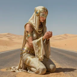 a full body portrait of a beautiful post apocalyptic offworld desert bedouin blind retrofuturistic barbarian leper begging by the roadside, intricate, elegant, highly detailed, digital painting, artstation, concept art, smooth, sharp focus, illustration, art by krenz cushart and artem demura and alphonse mucha