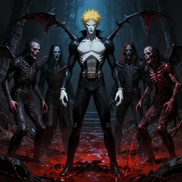 charlie bowater, hubert robert, clive barker, pinhead full body hellraiser, surrounded by cenobites, demonic realm, ocean of blood, occult, rembrandt lighting