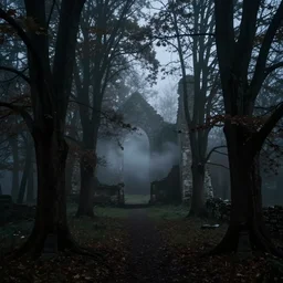 dark woods, medieval ruins, cinematic, dark, underexposed, foggy, smoke