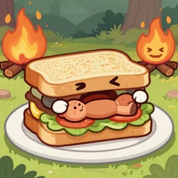 a smore sandwich, anthropomorphic, with face and mouth, 4 k, cooking a human being, cartoon, by a campfire