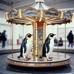 two penguins riding on baggage claim carousel, ektachrome,