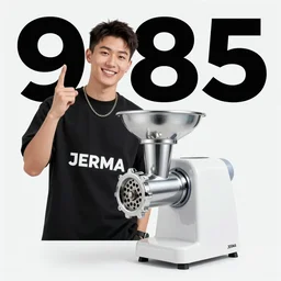 streamer and youtuber jerma 9 8 5 stood next to a meat grinder, product advertisement photography still