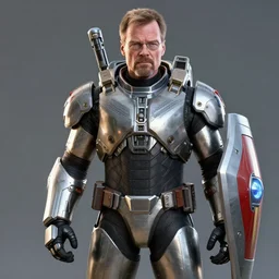 Walter White in futuristic battle armor with shields, 4k octane render, highly detailed