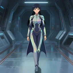 beautiful Himalayan woman, sci-fi tibetan fashion, waslking empty hall of a spaceship, futuristic, somber, iridescent body suit with glowing stripes, by Makoto Shinkai and Wojtek Fus, by studio trigger, rossdraws, ambient occlusion, clean lineart and color, vibrant