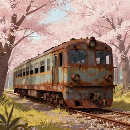a rusty abandoned train in a forest of cherry blossoms, digital illustration, autumn, by pete mohrbacher, by garis edelweiss