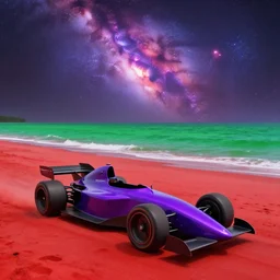 purple racecar, red sand beach, green ocean, nebula sunset