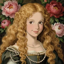 young blond girl, macabre dark goddess of pearls and peonies, with long curly, hazelnut hair, perfectly proportioned face, brown eyes, sweet smile, strong jawline, 1 4 0 0's renaissance art, natural lighting, path traced, highly detailed, high quality, cartoon, digital painting, by new haicheng and studio ghibli, alphonse mucha and takato yamamoto
