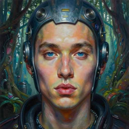 realistic detailed face portrait painting of the Rapper SIDO with sci-fi headwear, futuristic sci-fi forest on background by Jean Delville, Amano, Yves Tanguy, Alphonse Mucha, Edward Robert Hughes, Roger Dean, rich moody colours, blue eyes