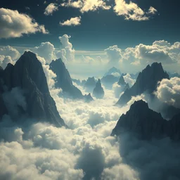 a beautiful digital render of a dream landscape with tall mountains dissolving into clouds shaped like mountains, fog, dark, volumetric lighting, starry night, very detailed, cumulus, cirrus, gold and blue, washed! out! colors!, intricate detail, ultrarealistic, master level composition, raytracing