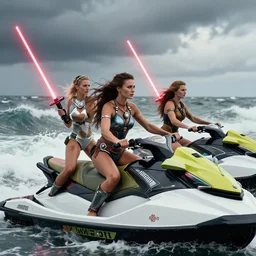 dramatic photo of viking women riding jet skis!!, wearing a skin - tight futuristic valkerie bikinis, holding laser swords, rough seas in background, hyper - realistic, highly detailed, accurate, 8 k octane render, 2 8 mm, wide angle, rule of thirds