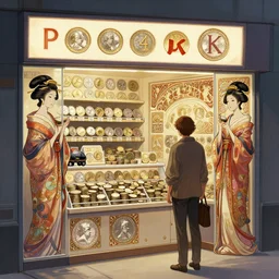 modern coin shop with a lot of coins, 4 k, eastern tyle, geishas, octane, digital painting, artstation, concept art, sharp focus, illustration, art by artgerm and greg rutkowski and alphonse mucha
