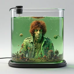 A huge glass tank, full of greenish liquid, and inside Jimmy Hendrix, Real Engine 5 Cinematic, Realistic, Intricate Detail, Finely Detailed, Small Details, Extra Detail More details, tiny details, high resolution, 3D, PBR, path tracing, volumetric lighting, octane render, Arnold Render, 8k