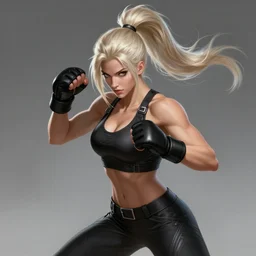a highly detailed illustration of fierce ponytail platinum blonde woman wearing black mma gear and gloves, dramatic fight stance pose, muscular, intricate, elegant, highly detailed, centered, digital painting, artstation, concept art, smooth, sharp focus, league of legends concept art, WLOP