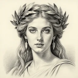 pencil drawing of the very beautiful greek goddess aphrodite wearing a laurel wreath with arrowhead earrings, piercing eyes, beautiful flowing hair, hyper realistic face, in the style of greg rutkowski, fantasy, amazing detail, epic, elegant, smooth, sharp focus, young