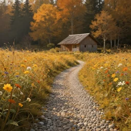 pebble path through a flower field leading to a hut. forest in the background. warm autumn day. atmospheric lighting. highly detailed digital painting. artstation. sharp focus, 8 k.