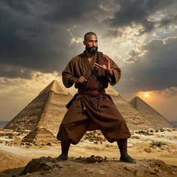a close portrait of a charismatic egyptian / arabic style kung fu - monk on top of a pyramid overlooking the ancient monumental egyptian city, heavy clouds and setting sun, cinematic dark mood, art by hans gude, art by hans dahl, by jesper ejsing, art by anders zorn, greg rutkowski, greg manchess, tyler edlin