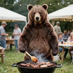 film still of bear grylls dressed as a bear at a bbq grill party