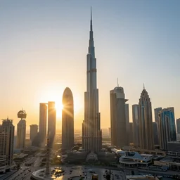 Dubai city skyline, futuristic look, sunset, sun rays, cinematic view from helicopter, brightly lit buildings, flying pink drones, digital art.