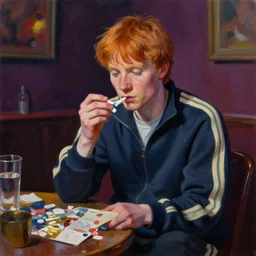 palette knife oil painting portrait of carter, a weasley man in a tracksuit dealing drugs in a nightclub back room, artstation trending, artgerm, any racial background, deviant art, hipster, octane, substance, art history 8 k