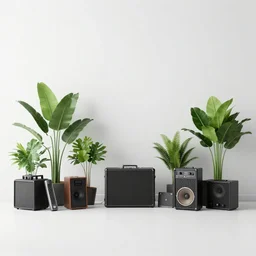 a large room with tropical plants and musical equipment, minimal style