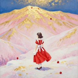 the lone maid in the strawberry ice hills. gouache and gold leaf by the award - winning mangaka