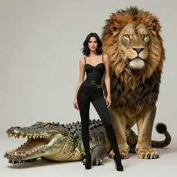 A beautiful fit woman standing next to a large alien lion-like crocodile creature, by Boris Vallejo.