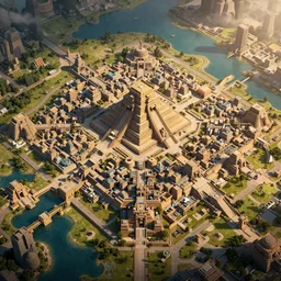 A game concept art of city map with huge aztec temple in center near lake. Octane renderer, artstation, extremely high details