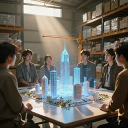 group of people in simple warehouse, looking at hologram of futuristic city on a table, cinematic concept art, godrays, golden hour, natural sunlight, 4 k, clear details, tabletop model buildings, center model buildings, hologram center, crane shot, crane shot, crane shot