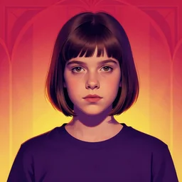 epic sherilyn fenn 2 6 years old, bob haircut, portrait by stanley artgerm, dramatic lighting, ilya kuvshinov, trending on artstation, flat colour, geometric curves, gradient filter, red and purple and yellow back light, art deco pattern