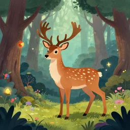 a deer in an enchanted forest, fantasy, magic, colorful, in the style of alice in wonderland