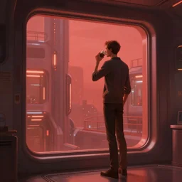 concept art by greg rutkowski, very tall and thin young man, standing drinking a coffee looking out a large rectangular window inside a futuristic office, reddish exterior lighting, scifi, highly detailed portrait, digital painting, artstation, concept art, smooth, sharp foccus ilustration, artstation hq