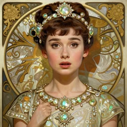 a full body art nouveau portrait of a 16-year old sun goddess who resembles Audrey Hepburn and Saoirse Ronan with a worried, intense gaze and slightly opened mouth, ornate intricate iridescent mother-of-pearl jewelry, intricate, elegant, highly detailed, digital painting, artstation, concept art, smooth, sharp focus, illustration, art by John William Waterhouse and Bouguereau and Donato Giancola and alphonse mucha