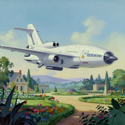 very detailed and perfectly readable fine and soft relevant outlines soft edges painting by beautiful walt disney animation films of the late 1990s and Thomas Cole in HD, we see a futuristic giant military design boeing architecture in a french perfect garden, nice lighting, perfect readability, UHD upscale W-1024 H-1024 n-4