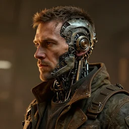 a rugged research engineer man with cybernetic enhancements, detailed face, scifi character portrait by greg rutkowski, esuthio, craig mullins, 1 / 4 headshot, cinematic lighting, dystopian scifi gear, gloomy, profile picture, mechanical, half robot, implants, steampunk, warm colors