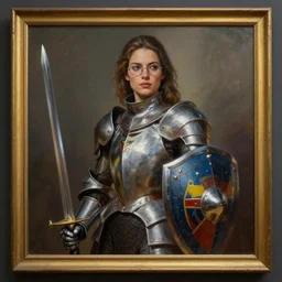 greg manchess oil matte portrait painting, brazilian female knight with glasses, sword and shield, rectangular frame, wonderful masterpiece highly detailed, scifi, beautiful cinematic light deep focus, elegant, digital painting, smooth, sharp focus, golden ratio, dramatic illumination, ultra realistic, 4 k, art by greg rutkowski wlop rossdraws