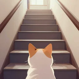 looking down a flight of stairs at a cat, first person perspective, digital illustration, artstation, artstation hq, hd