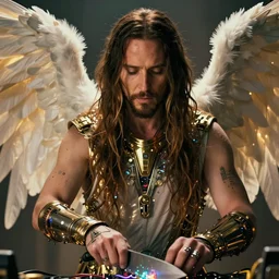 dramatic portrait of Jared Leto, bloomed lighting, angelic, futuristic, beautiful colors, slightly golden, very sharp likeness, very detailed, chopping hands, electrical details, cinematic lighting high details, 4k, 8k, trending on artstation, ultra-realism, by Boris Vallejo and Hajime Sorayama