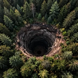a large sinkhole in the middle of a forest, aerial view, creepy