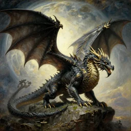 A majestic gothic dragon, by William-Adolphe Bouguereau, by Greg Rutkowski, masterpiece, oil on canvas, trending on artstation, top on pixiv, cinematic composition, dramatic scene, beautiful lighting, aesthetic!, planetary landscape, concept art, sharp, high details, astrophotography, no frames, 8K