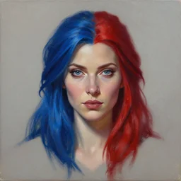 A detailed matte oil on canvas head on symmetrical portrait of a beautiful distinguished elven woman with split red and blue hair on an empty background,  by Charlie bowater, Wlop, trending on artstationhd,  dungeons and dragons art, parted hair ,  half blue,  half red , split dye, critical role