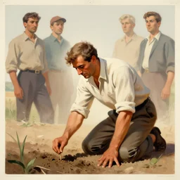 farmer kneeling down putting a seed in the soil, limited neutral palette, by petros afshar, anton fadeev, dean ellis, beautiful graphic full body portrait, propaganda poster art 1 9 6 0 s illustrated advertising art, painterly character design