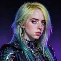 portrait of a Billie eilish with a scaly skin and biotechnical parts and neon light by Artgerm and Greg Rutkowski ,  digital painting, highly detailed, trending on artstation