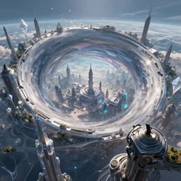 vortex in the sky, beautiful landscape, highly detailed, machine planet, buildings, prismatic, alien utopia, metallic surface, diamond trees, advanced technology, nier automata, cinematic lighting, sharp focus, artstation, intricate, masterpiece, art by maria panfilova and dylan kowalski and huifeng huang