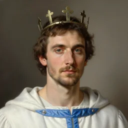 head - on portrait, colin farrell as a dignified king in white robes with blue details, simple thin crown, digital painting, detailed, highly detailed, smooth, sharp focus, by caravaggio