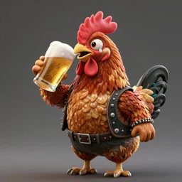 fine portrait of a humanoid chicken dressed in punk clothes drinking beer, ultra-realistic, 16K 3D, crying engine