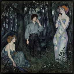 a dark forest, daguerreotype by pontormo, by gustave moreau, by Mackintosh, by schiele, art noveau, highly detailed, strong lights, liminal, eerie, Bright pastel colors