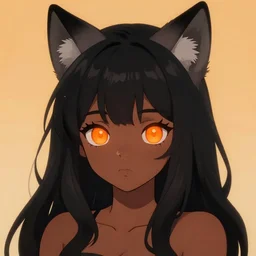 cute anime girl with dark skin, black hair, wolf ears and glowing orange eyes