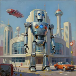 art deco style robot factory building flying cars, oil paint on canvas retro future 8k