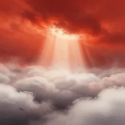 editorial illustration by karolis strautniekas and mads berg, liquid clouds, fog, lost souls, red orange white, fine texture, detailed, muted colors, film noir, dramatic lighting, dynamic composition, vivid, matte print, wide angle, ( ( sunbeams ) ), moody, extreme perspective